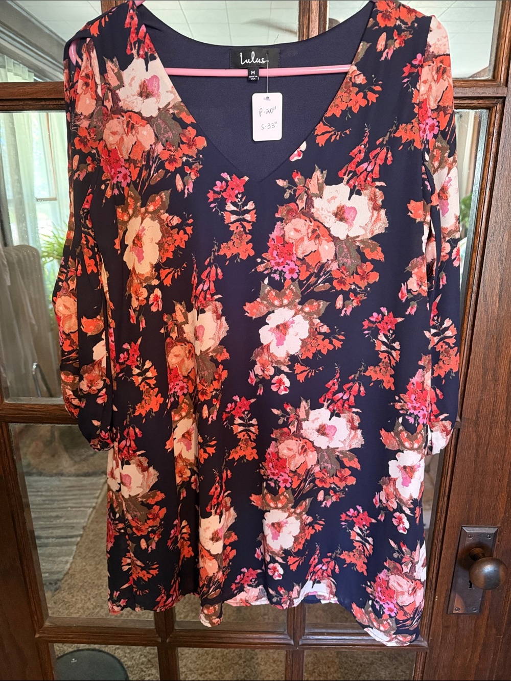 Lulu's Navy Floral V-Neck Tunic with Pink & Coral Blooms